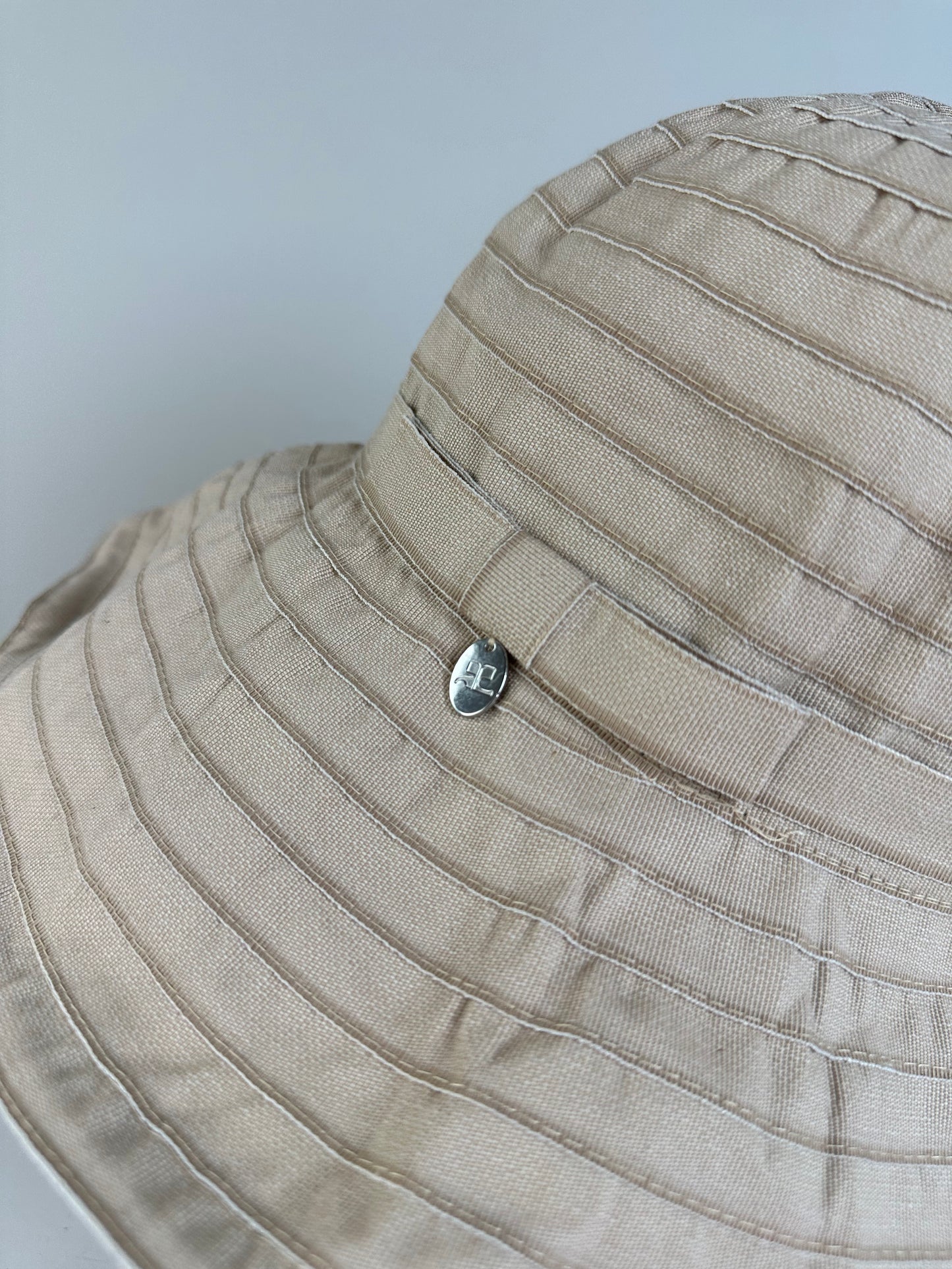 Vintage Courreges Cotton Blend Bucket Hat Beige Silver Accent