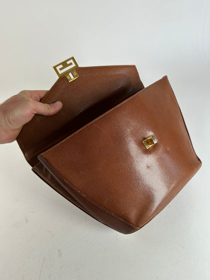 Vintage Givenchy GV3 Logo Grained Leather Top Handle Bag Tan