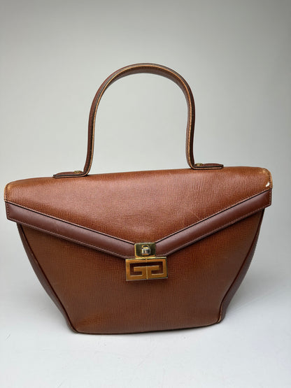 Vintage Givenchy GV3 Logo Grained Leather Top Handle Bag Tan