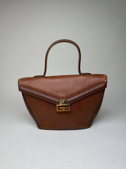 Vintage Givenchy GV3 Logo Grained Leather Top Handle Bag Tan