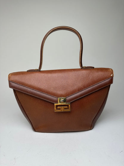Vintage Givenchy GV3 Logo Grained Leather Top Handle Bag Tan
