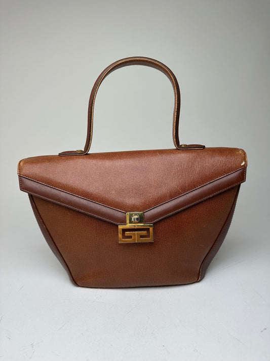 Vintage Givenchy GV3 Logo Grained Leather Top Handle Bag Tan