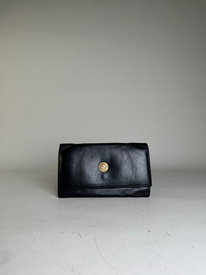 Vintage Versace Medusa Leather Clutch Wallet Black Gold