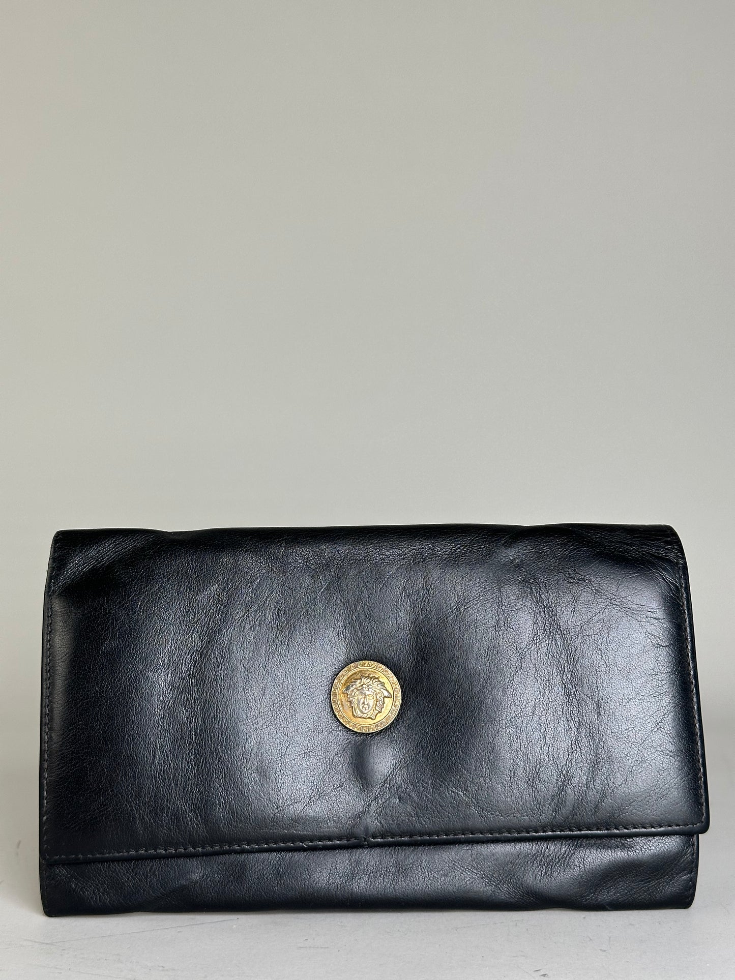 Vintage Versace Medusa Leather Clutch Wallet Black Gold