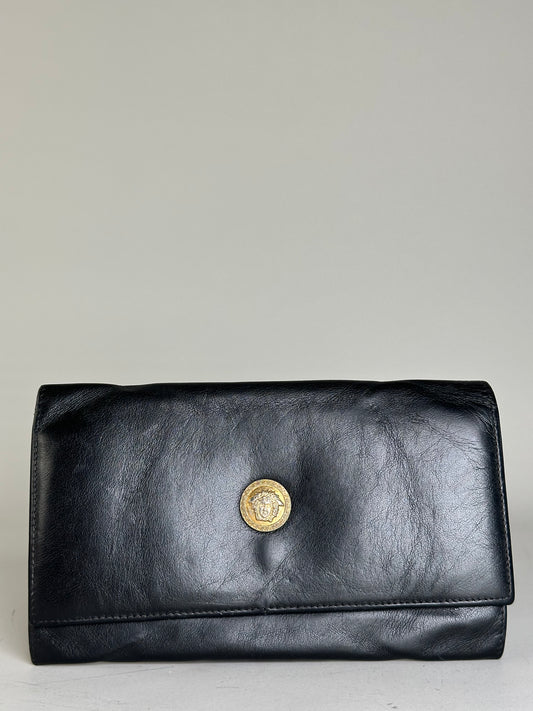 Vintage Versace Medusa Leather Clutch Wallet Black Gold