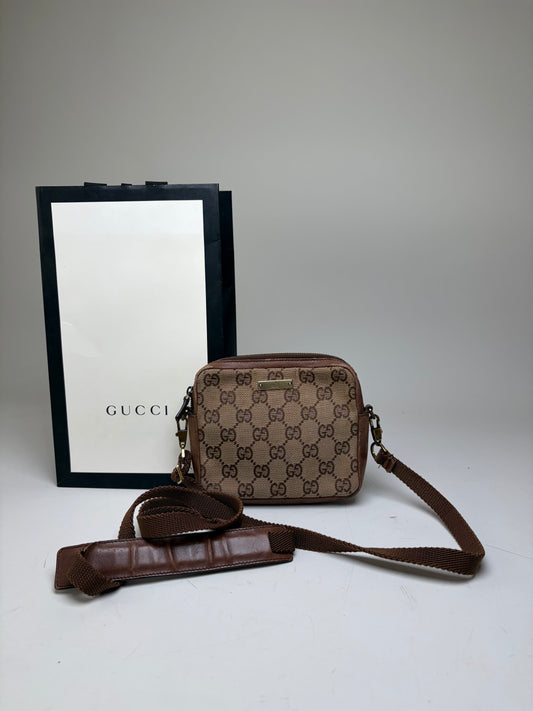 Vintage Gucci GG Supreme Crossbody Bag Beige Brown Gold