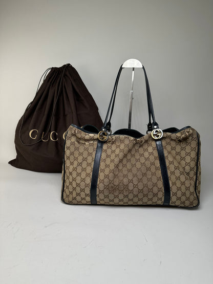 Vintage Gucci GG Supreme Tote Bag Beige Brown Gold