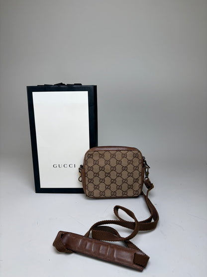Vintage Gucci GG Supreme Crossbody Bag Beige Brown Gold