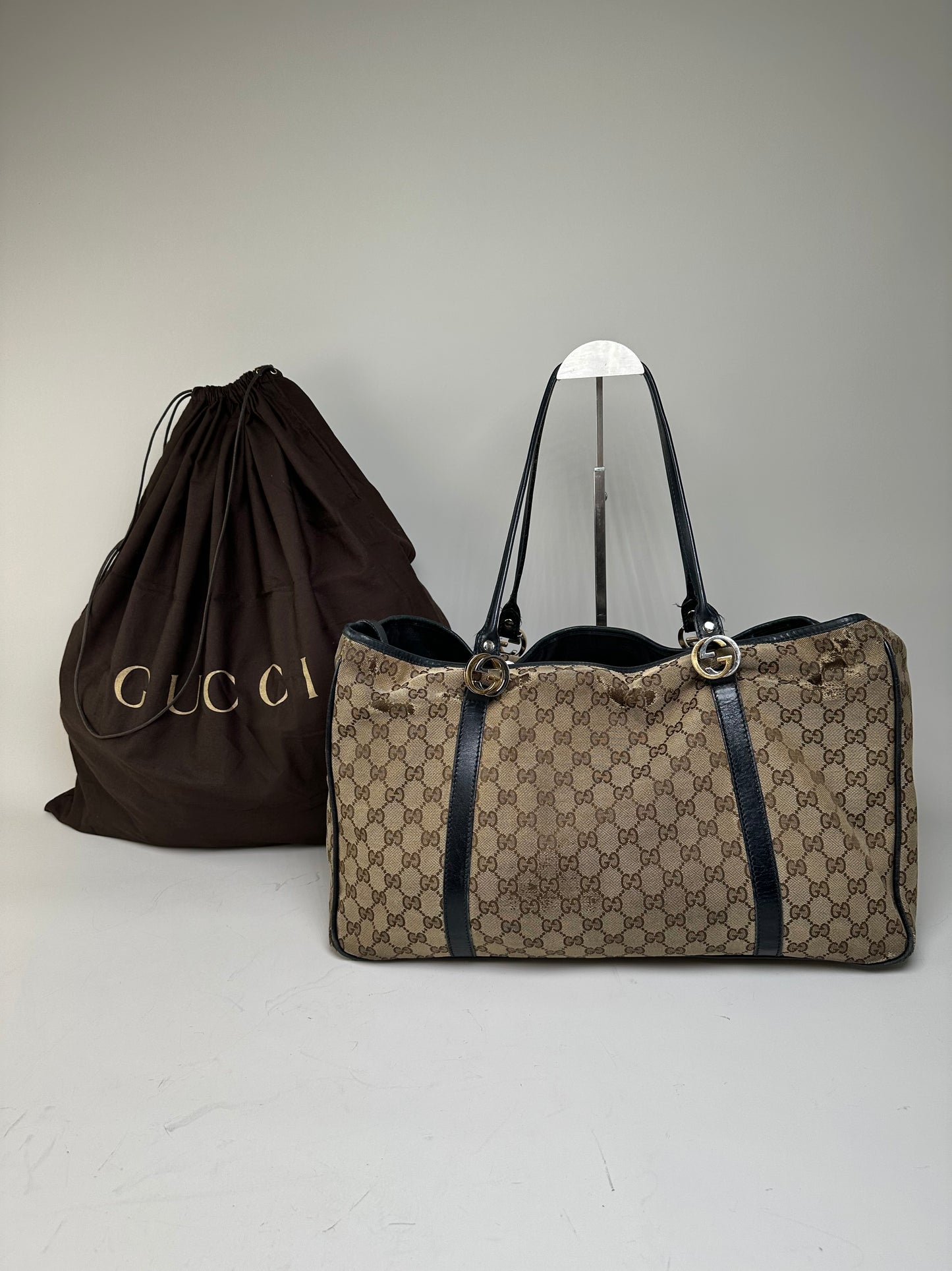 Vintage Gucci GG Supreme Tote Bag Beige Brown Gold