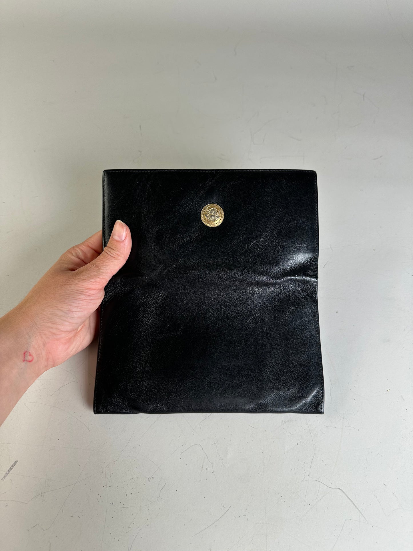 Vintage Versace Medusa Leather Clutch Wallet Black Gold