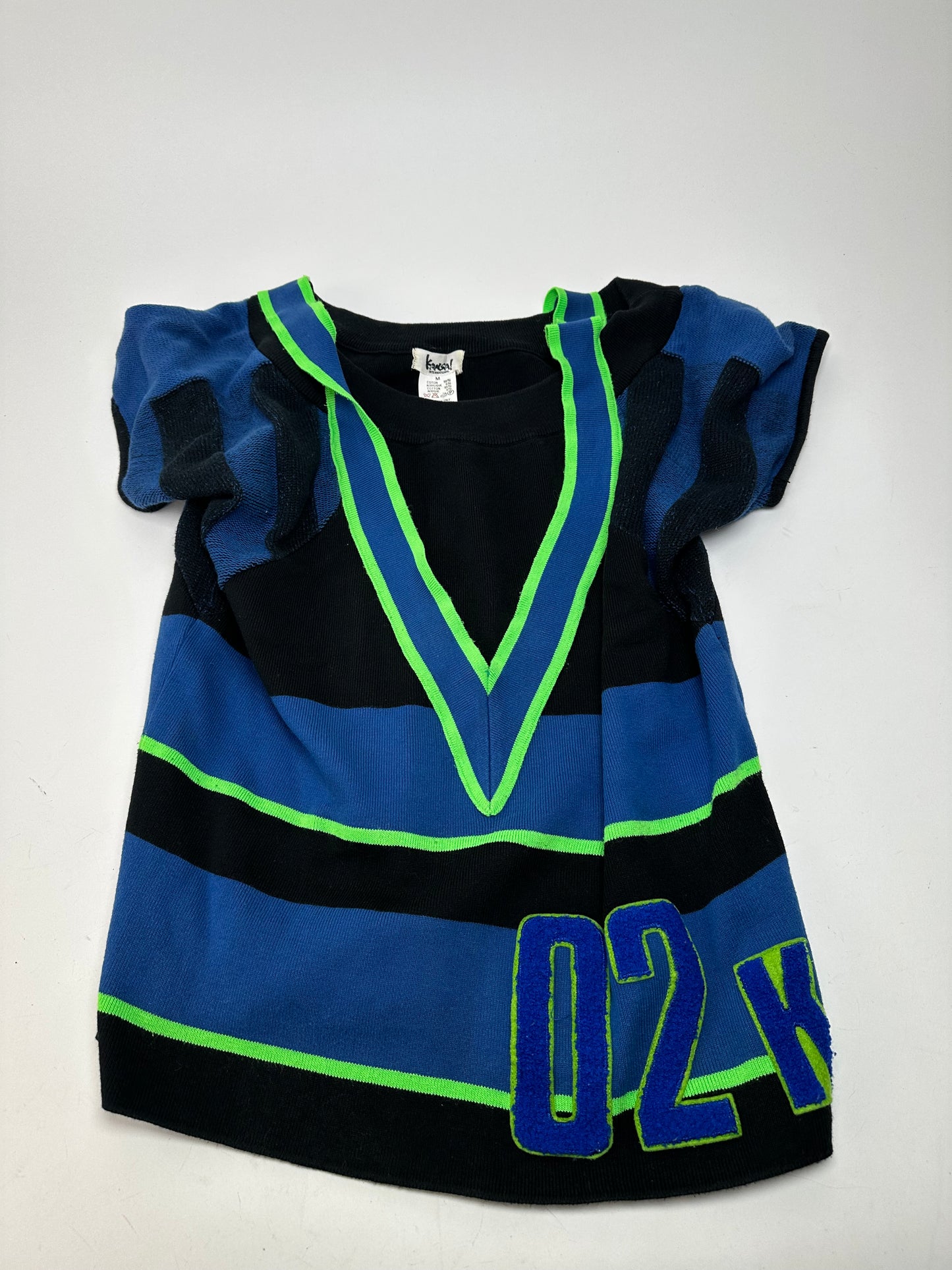 Vintage Kansai International 02K Varsity Knit Top Black Blue Neon Green M