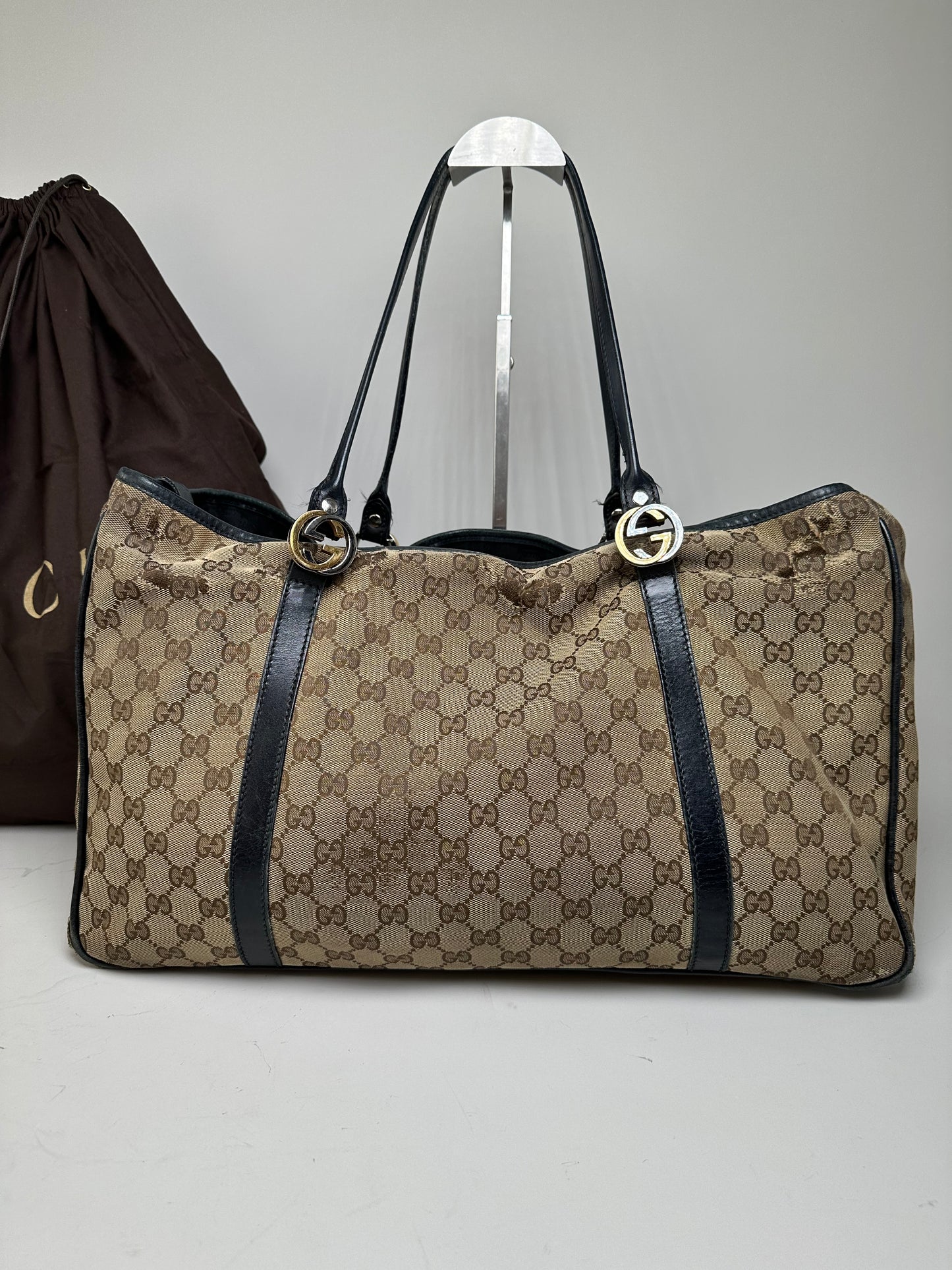 Vintage Gucci GG Supreme Tote Bag Beige Brown Gold