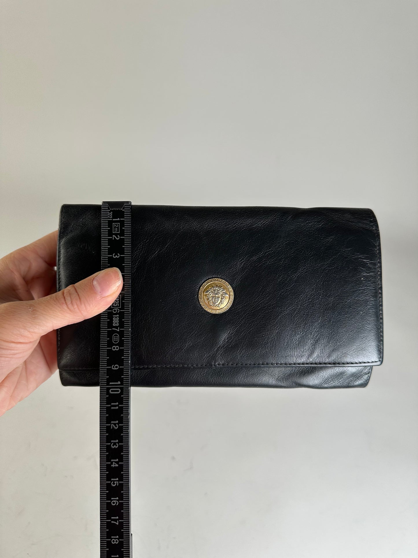 Vintage Versace Medusa Leather Clutch Wallet Black Gold