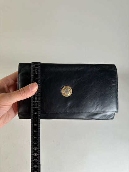 Vintage Versace Medusa Leather Clutch Wallet Black Gold