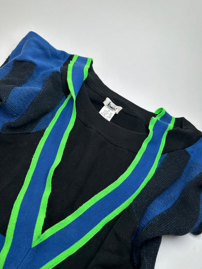 Vintage Kansai International 02K Varsity Knit Top Black Blue Neon Green M