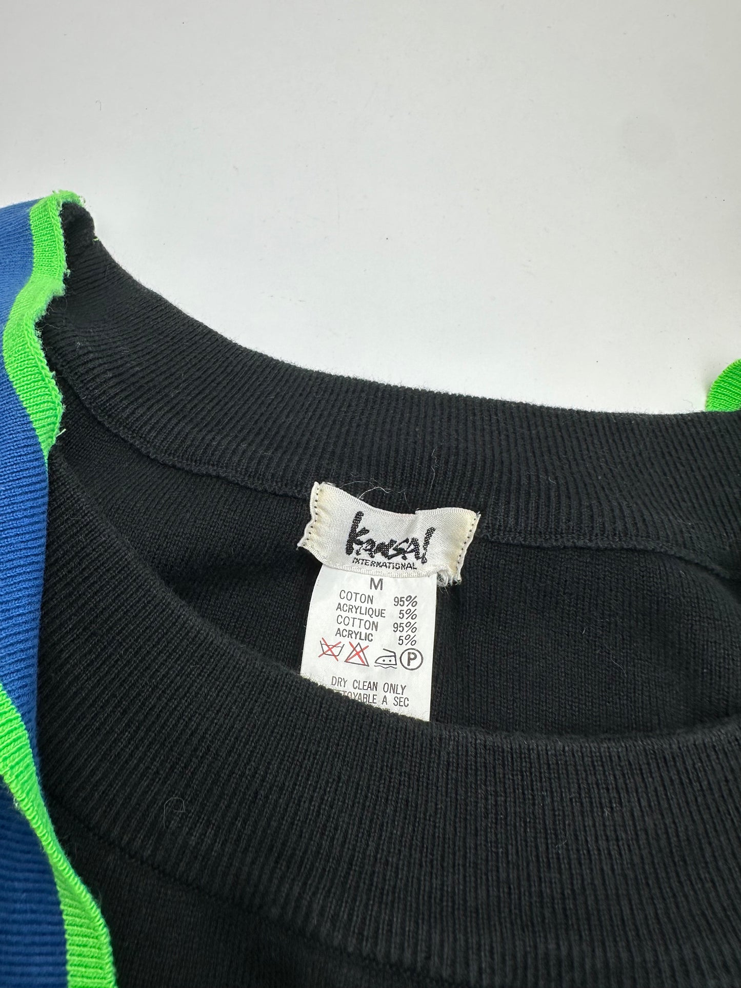 Vintage Kansai International 02K Varsity Knit Top Black Blue Neon Green M