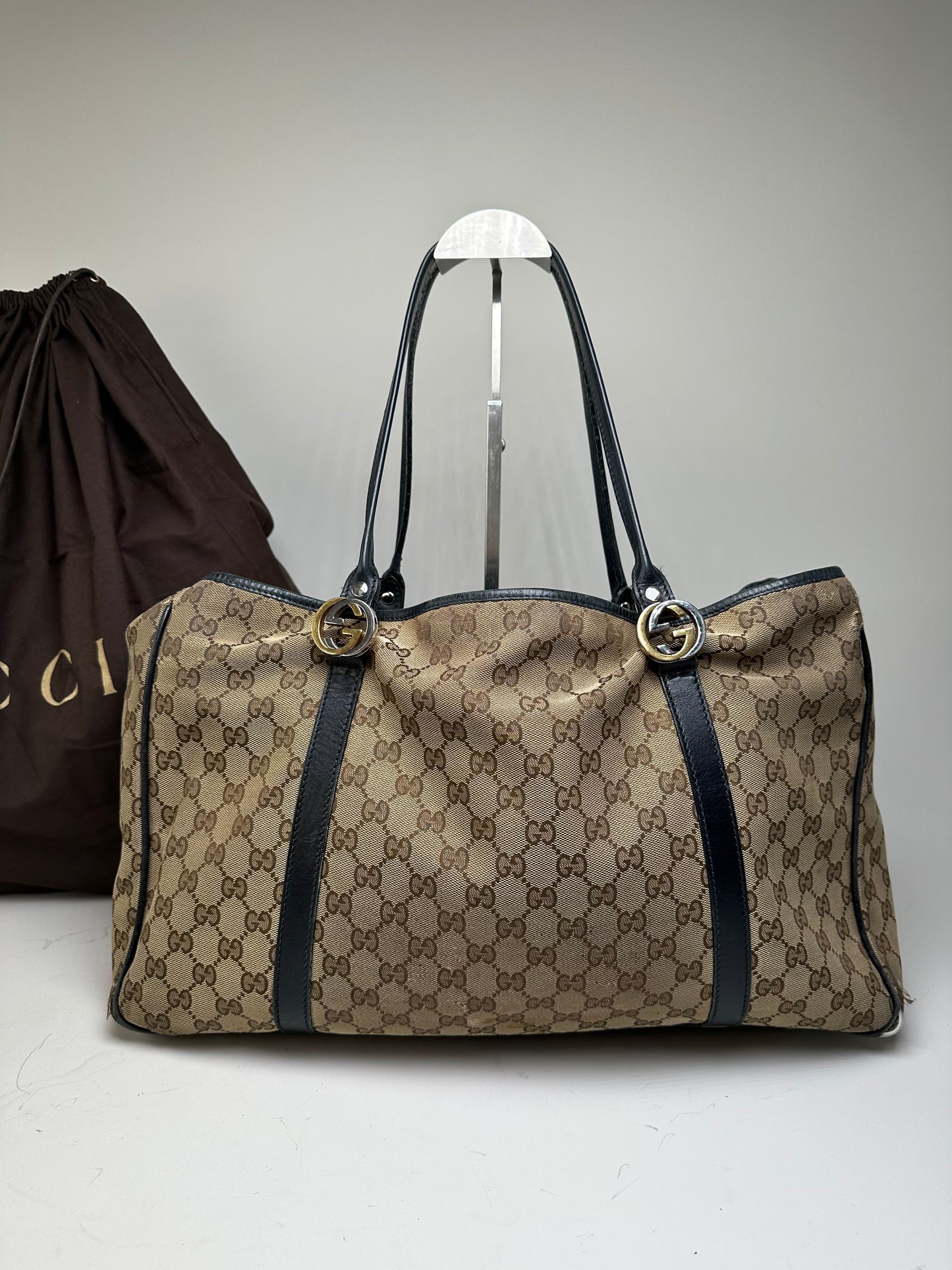Vintage Gucci GG Supreme Tote Bag Beige Brown Gold