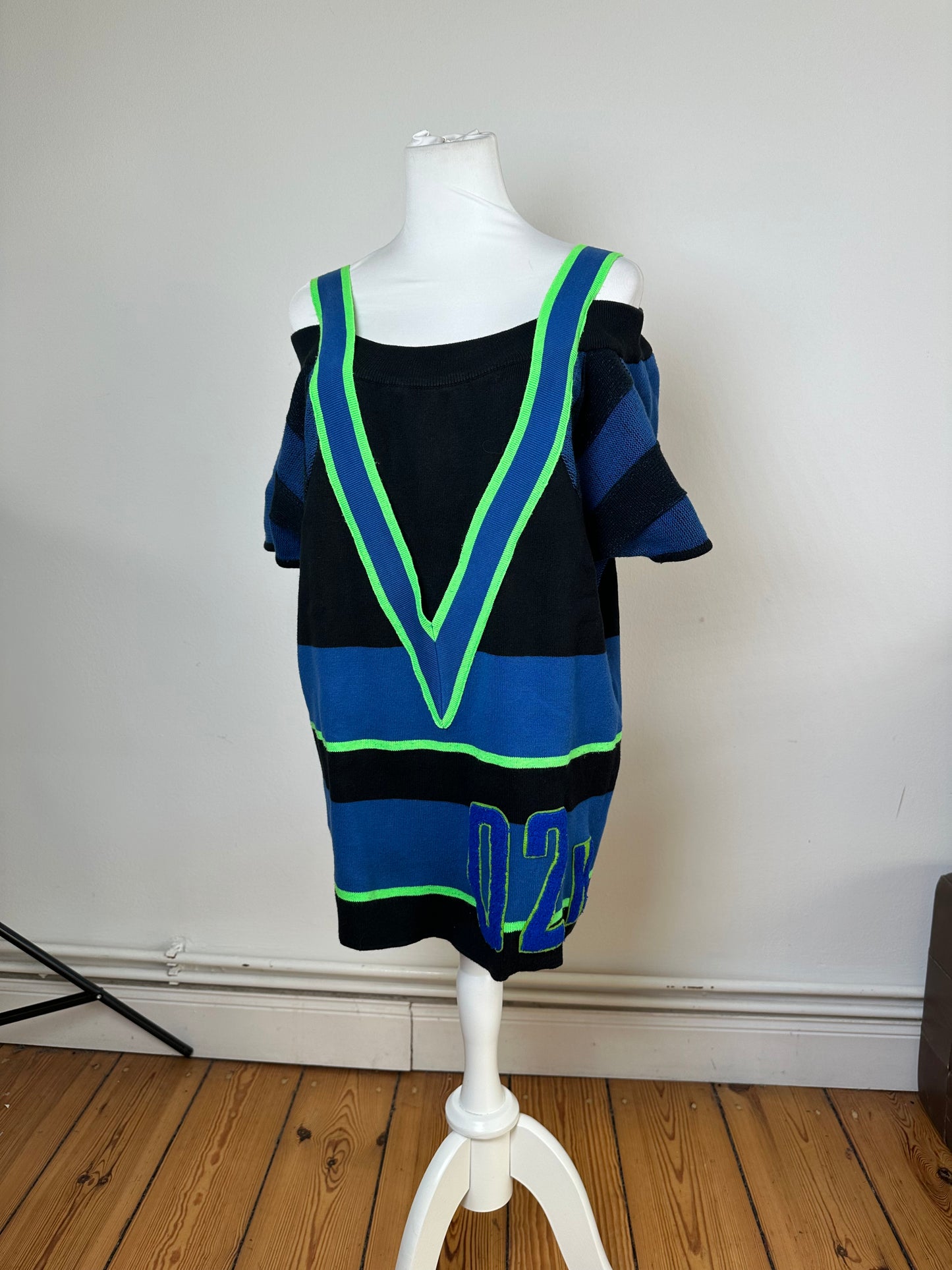 Vintage Kansai International 02K Varsity Knit Top Black Blue Neon Green M