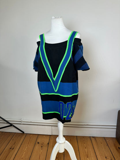 Vintage Kansai International 02K Varsity Knit Top Black Blue Neon Green M
