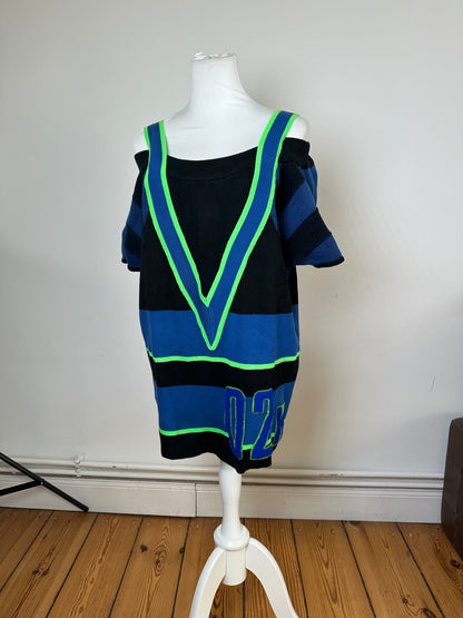 Vintage Kansai International 02K Varsity Knit Top Black Blue Neon Green M
