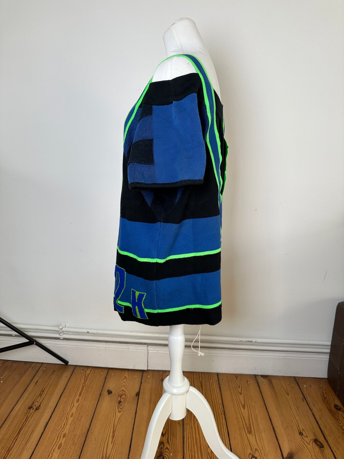 Vintage Kansai International 02K Varsity Knit Top Black Blue Neon Green M