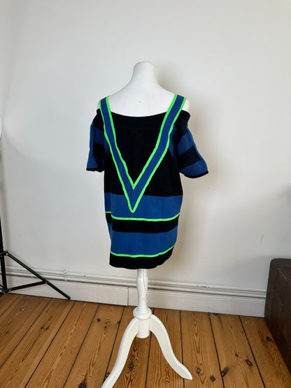 Vintage Kansai International 02K Varsity Knit Top Black Blue Neon Green M