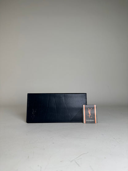 Vintage Yves Saint Laurent Leather Long Wallet Dark Navy Gold