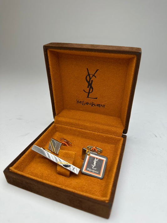 Vintage Yves Saint Laurent Cufflinks Tie Clamp set Silver