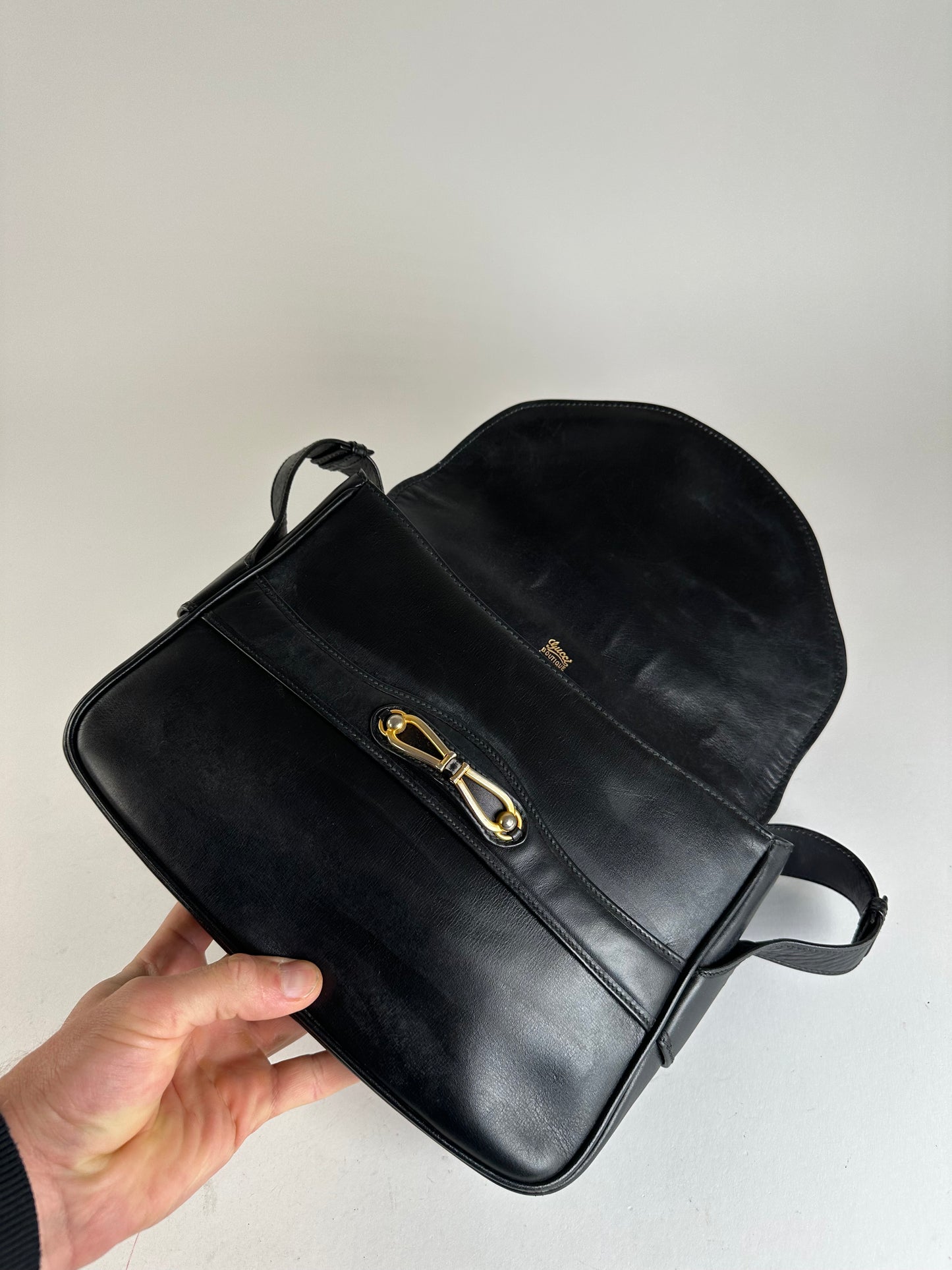 Vintage Gucci Boutique Smooth Leather Flap Shoulder Bag Black