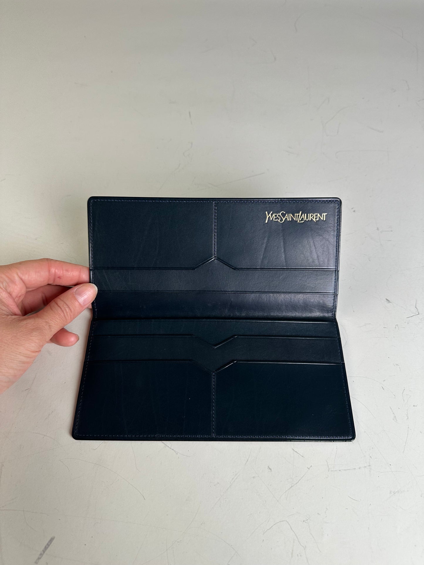 Vintage Yves Saint Laurent Leather Long Wallet Dark Navy Gold
