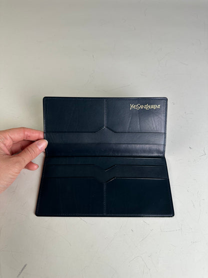 Vintage Yves Saint Laurent Leather Long Wallet Dark Navy Gold