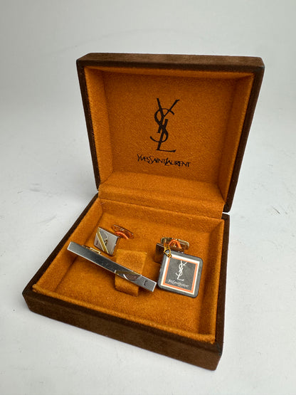 Vintage Yves Saint Laurent Cufflinks Tie Clamp set Silver
