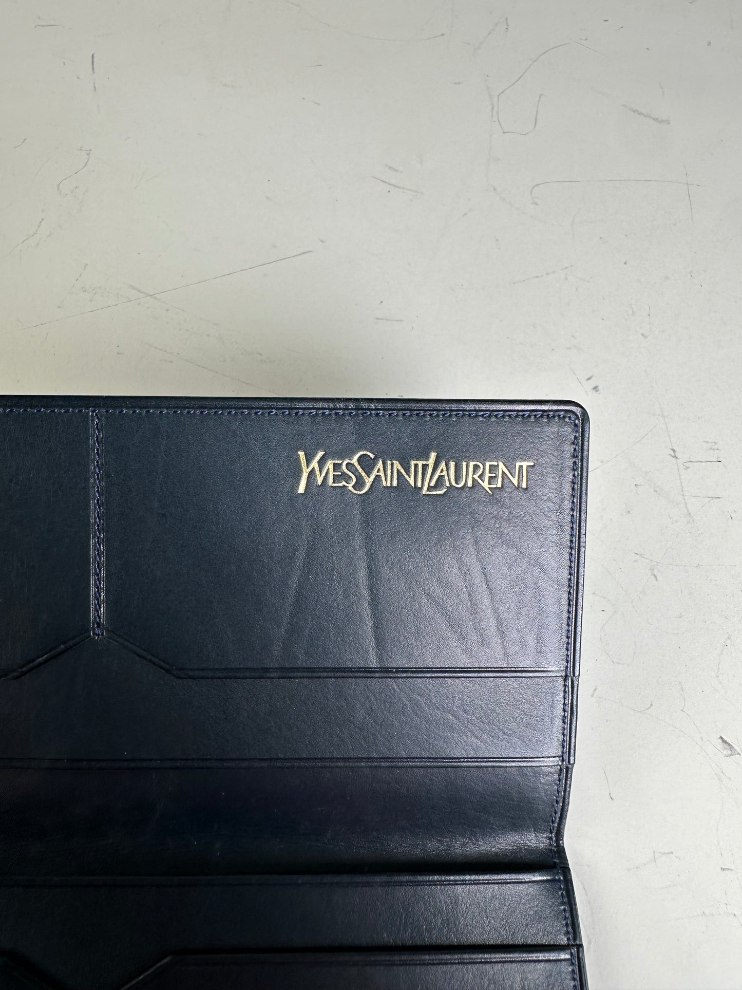 Vintage Yves Saint Laurent Leather Long Wallet Dark Navy Gold
