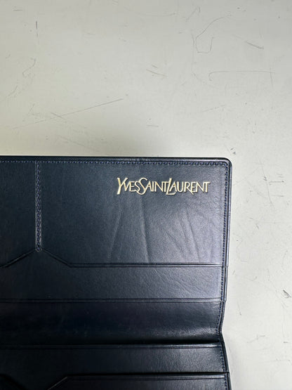 Vintage Yves Saint Laurent Leather Long Wallet Dark Navy Gold