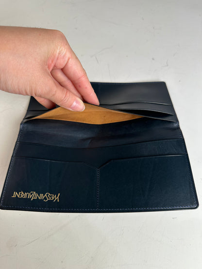 Vintage Yves Saint Laurent Leather Long Wallet Dark Navy Gold
