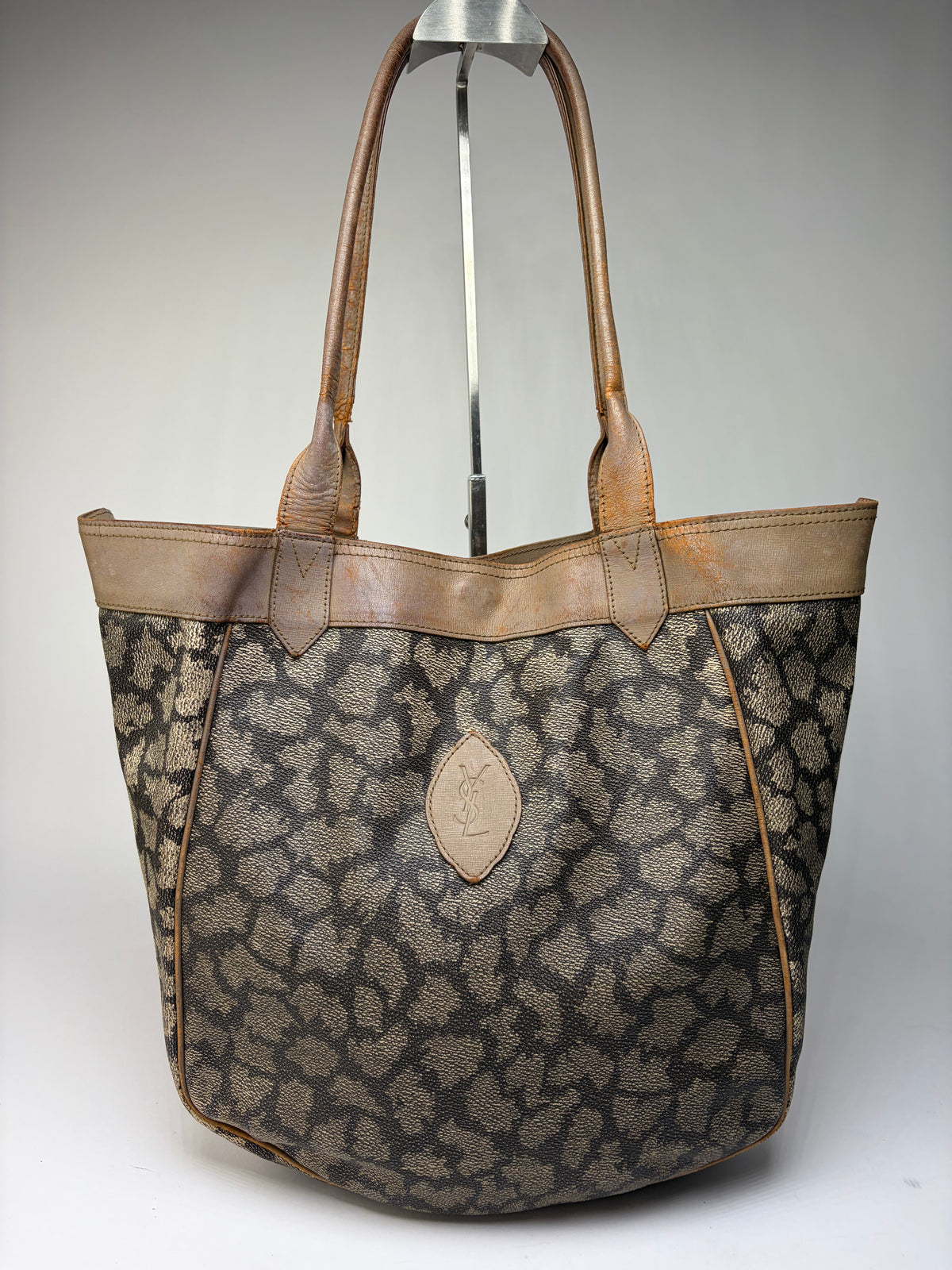 Vintage Yves Saint Laurent Canvas Leather Trim Tote c. Late 1980s Brown Beige