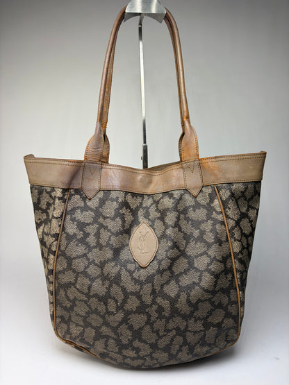 Vintage Yves Saint Laurent Canvas Leather Trim Tote c. Late 1980s Brown Beige