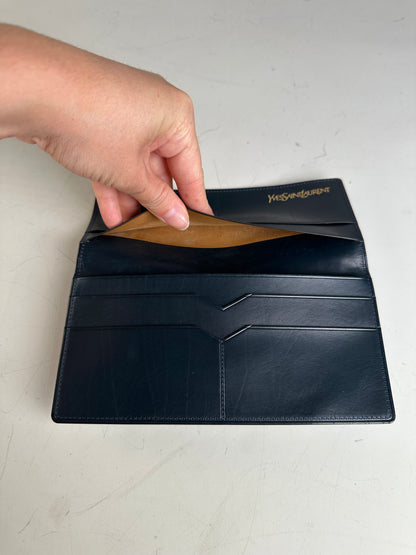 Vintage Yves Saint Laurent Leather Long Wallet Dark Navy Gold