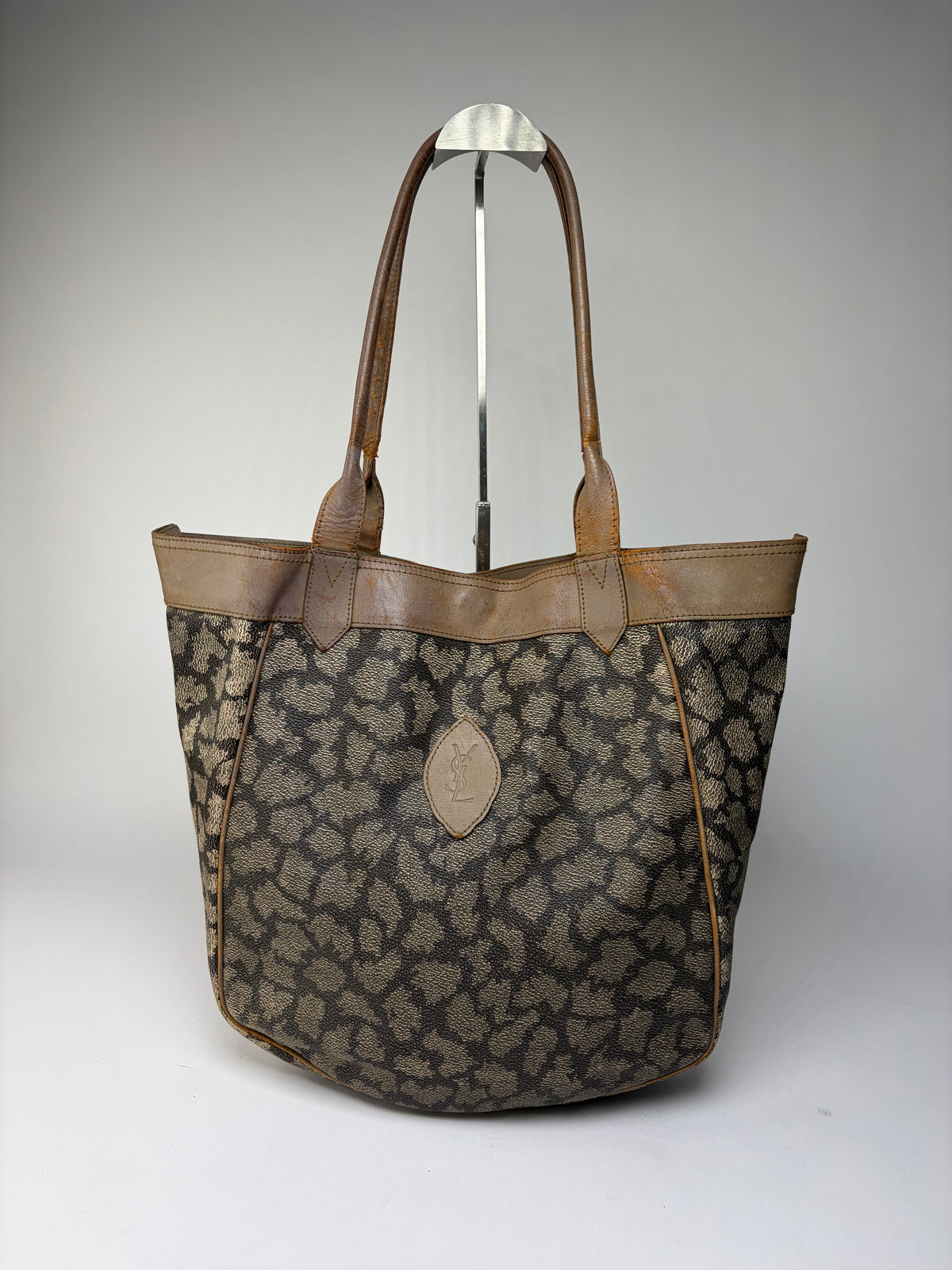 Vintage Yves Saint Laurent Canvas Leather Trim Tote c. Late 1980s Brown Beige