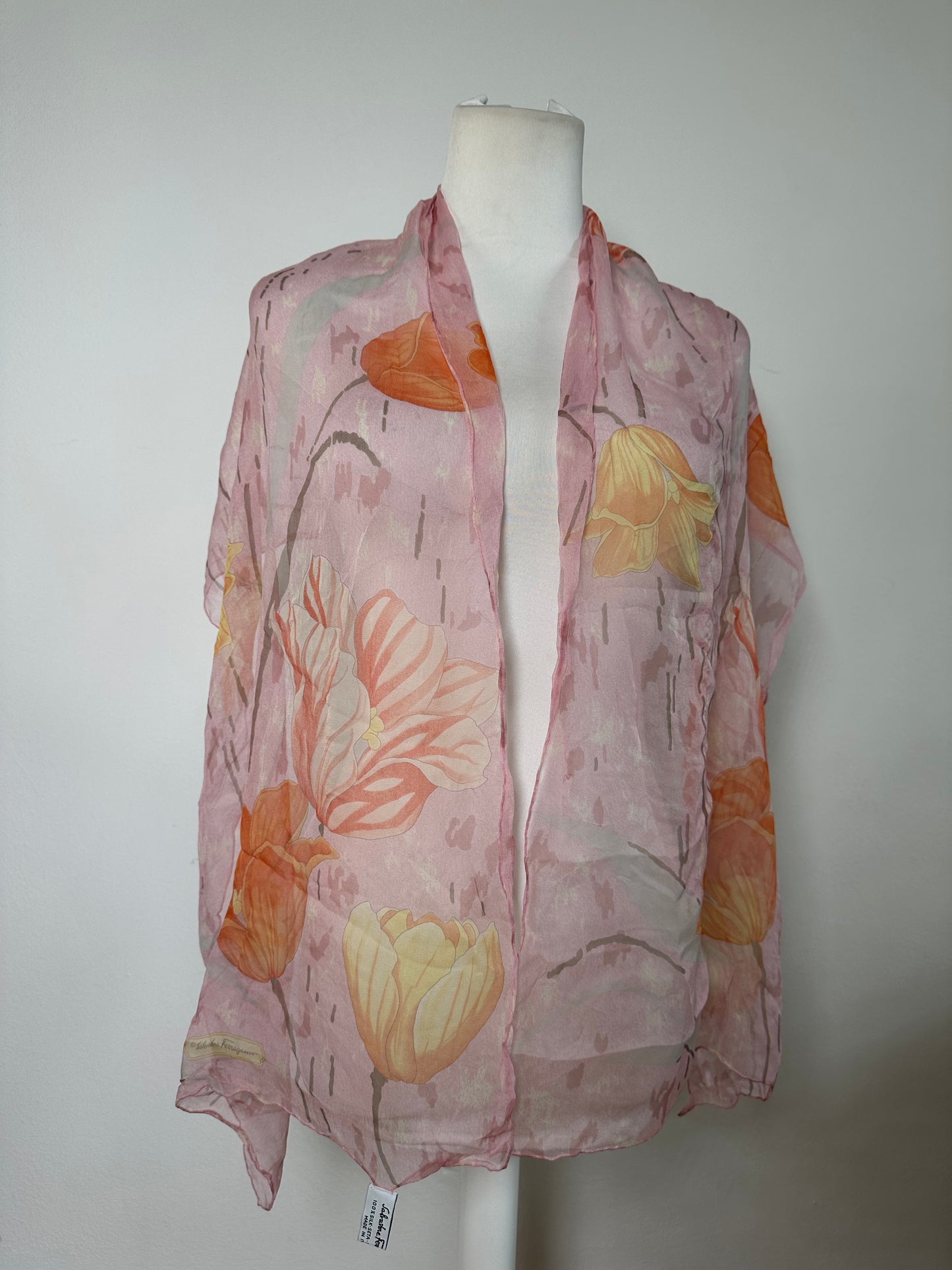 Vintage Ferragamo Floral Silk Scarf Pink Orange Cream