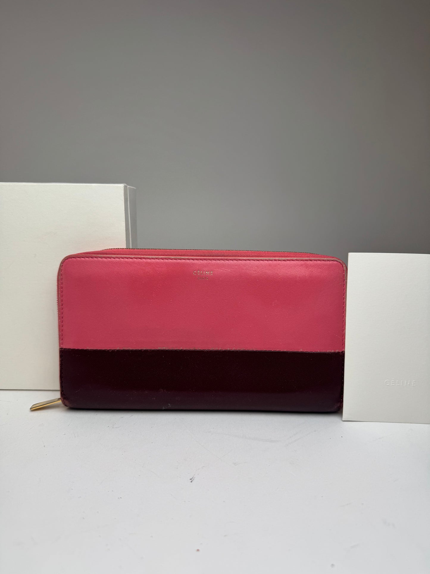 Portefeuille vintage en cuir Céline Paris rose violet