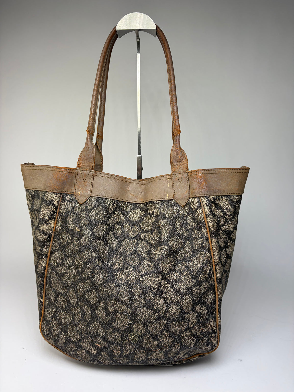 Vintage Yves Saint Laurent Canvas Leather Trim Tote c. Late 1980s Brown Beige