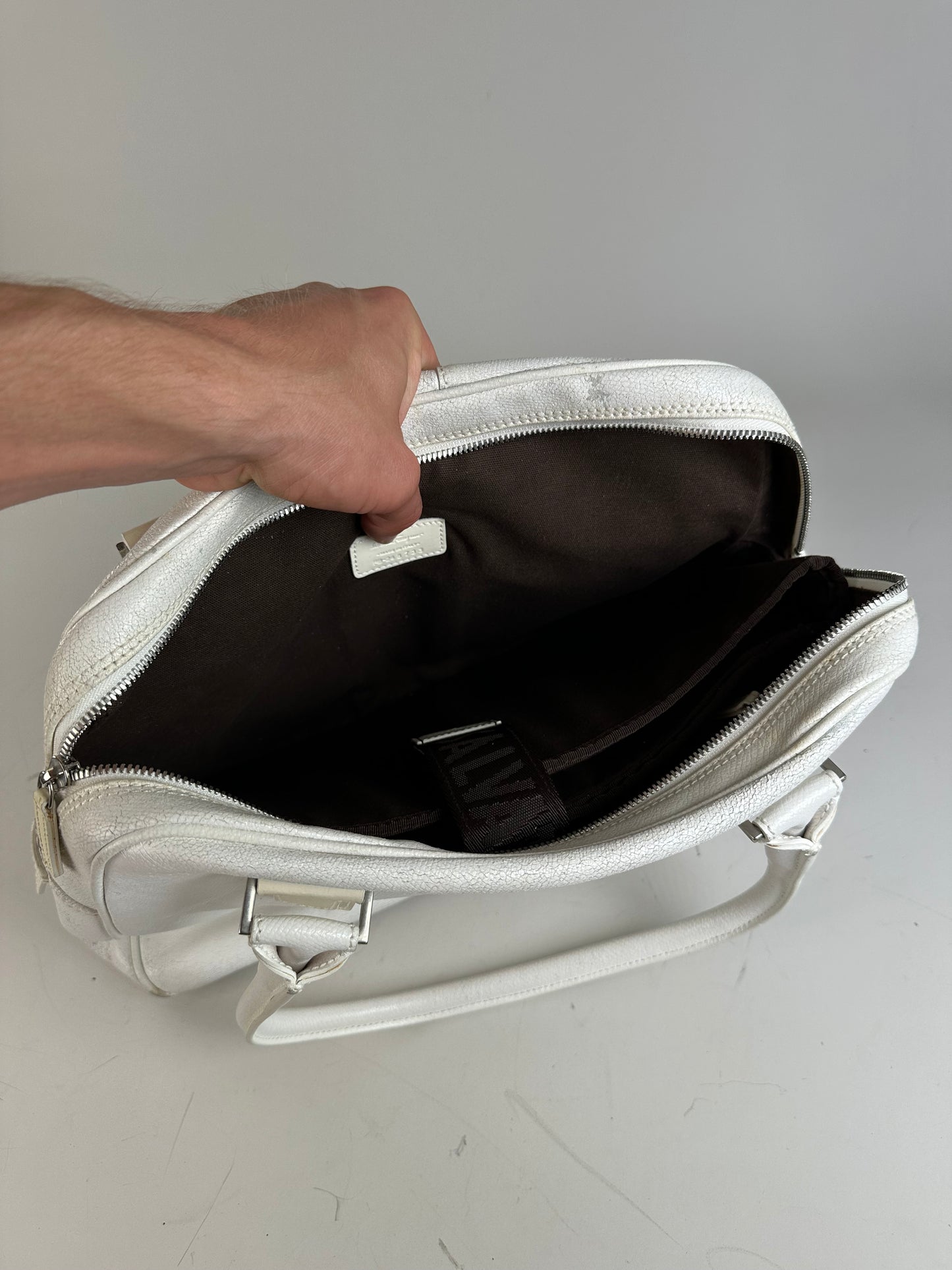 Vintage Ferragamo Grained Leather Handbag White Silver