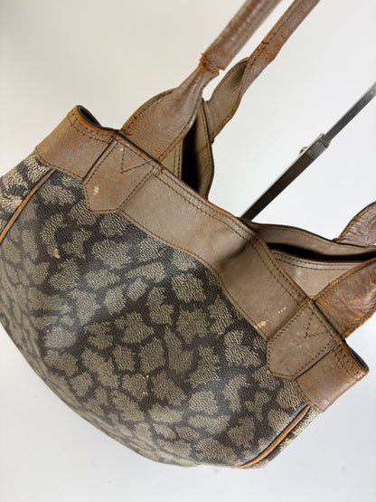 Vintage Yves Saint Laurent Canvas Leather Trim Tote c. Late 1980s Brown Beige