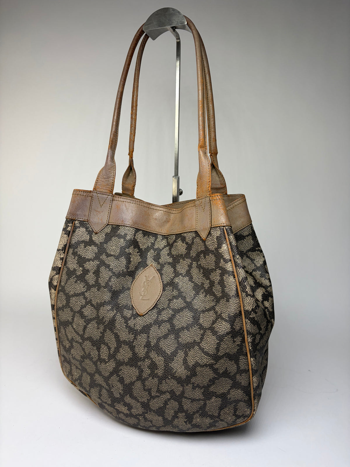 Vintage Yves Saint Laurent Canvas Leather Trim Tote c. Late 1980s Brown Beige