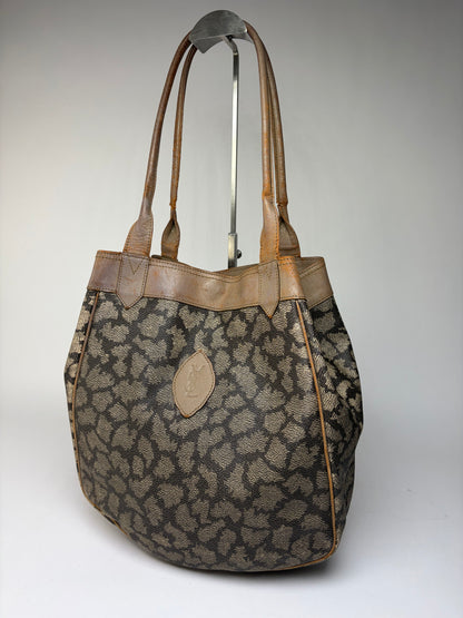 Vintage Yves Saint Laurent Canvas Leather Trim Tote c. Late 1980s Brown Beige
