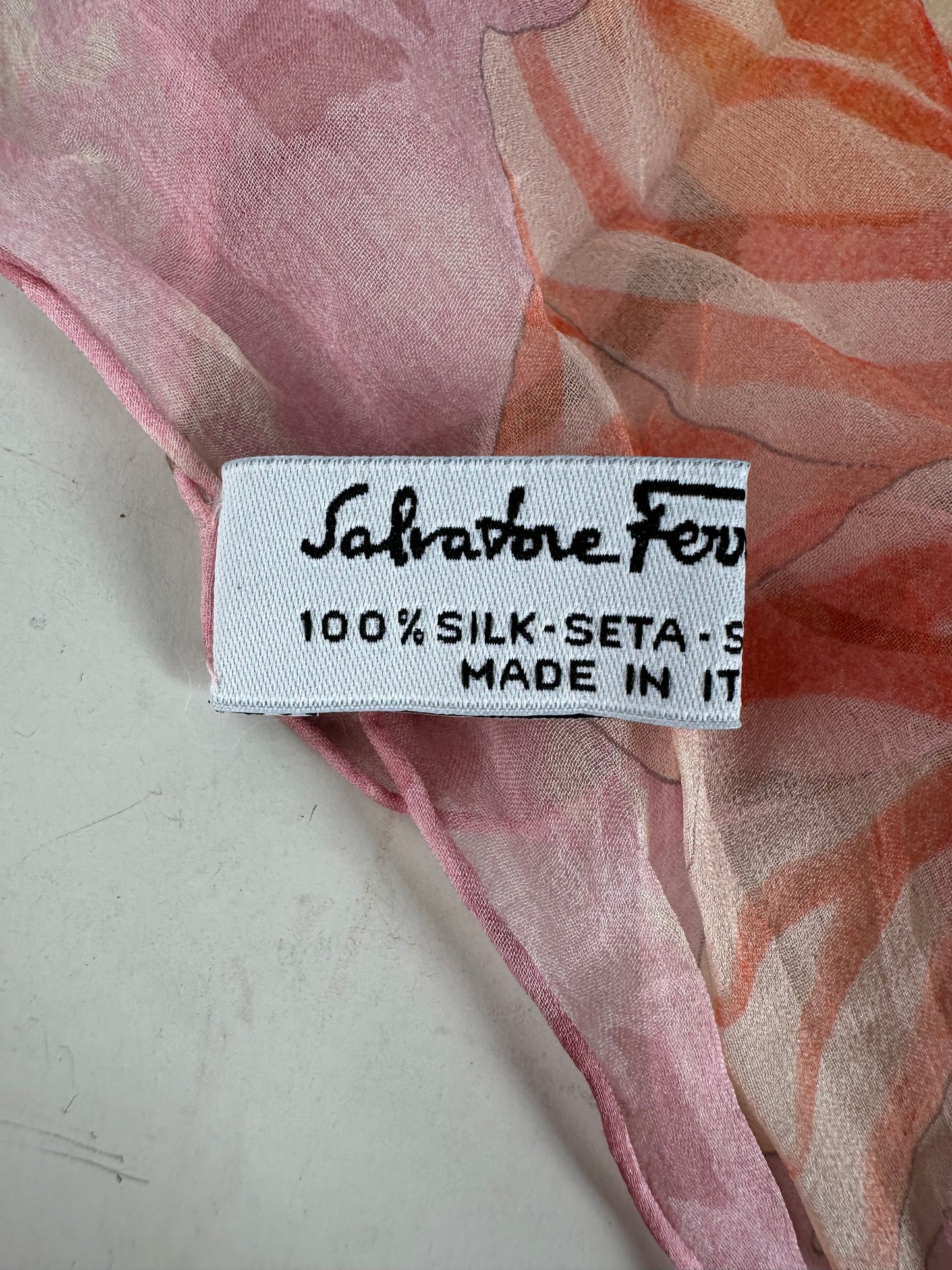 Vintage Ferragamo Floral Silk Scarf Pink Orange Cream