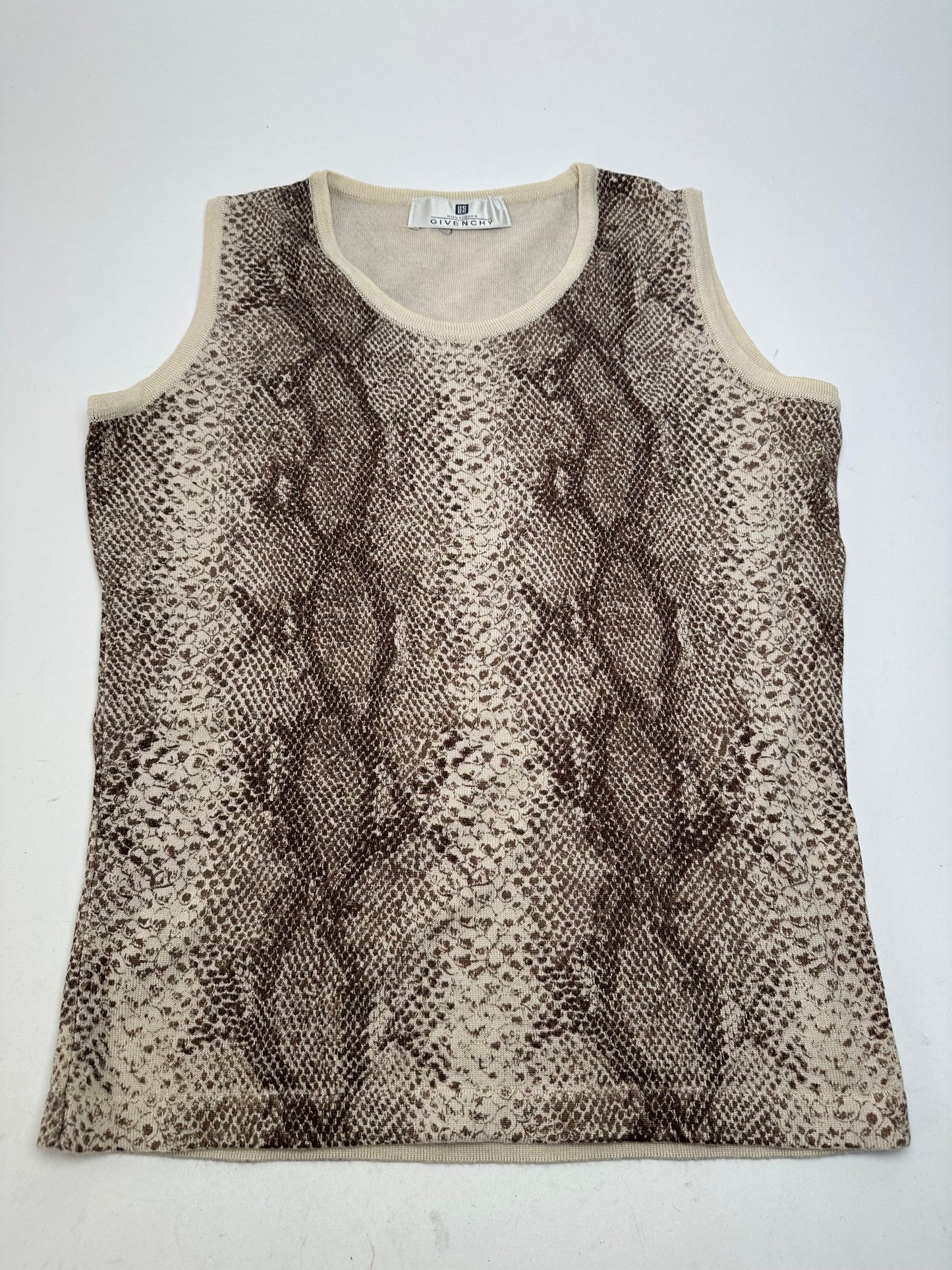 Vintage Givenchy Boutique Snakeskin Print Knit Sleeveless Top Cream Brown M