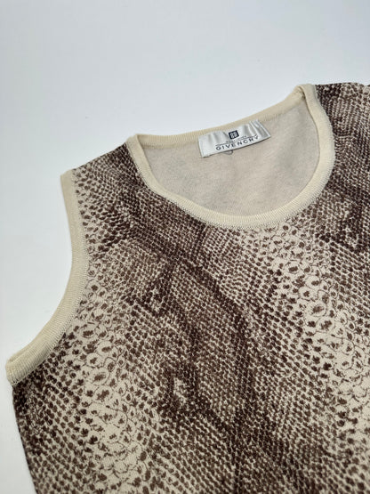 Vintage Givenchy Boutique Snakeskin Print Knit Sleeveless Top Cream Brown M