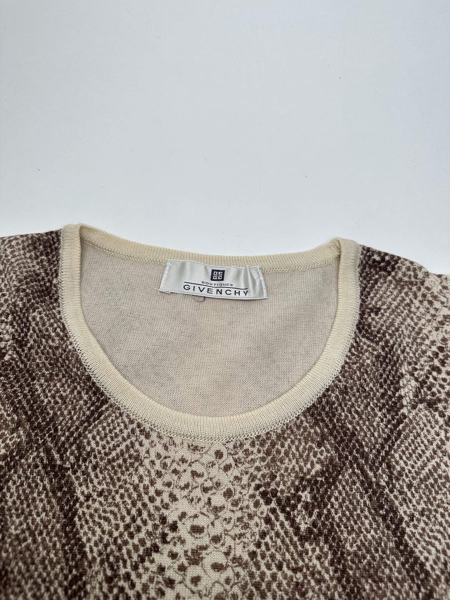 Vintage Givenchy Boutique Snakeskin Print Knit Sleeveless Top Cream Brown M